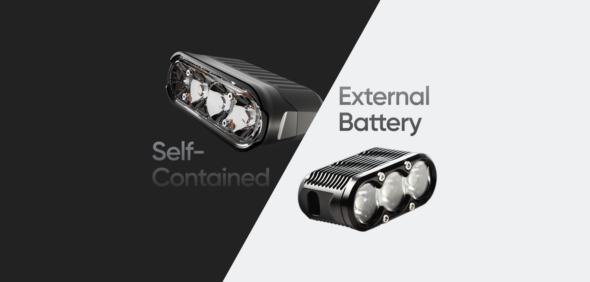 Side-by-side comparison of self-contained bike light with integrated battery and LEDs versus external battery light system with separate light head and battery pack connected by cable